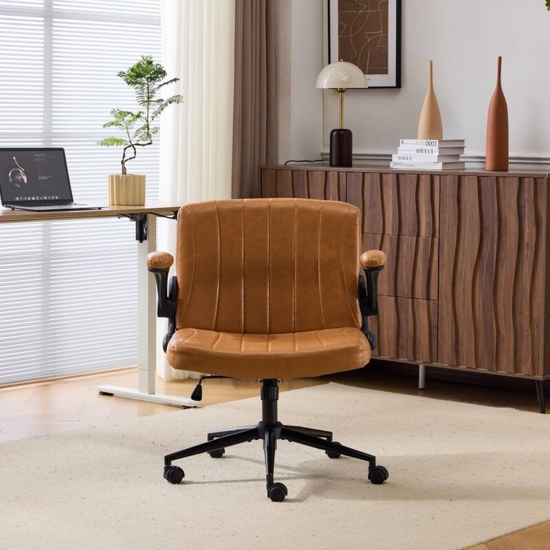 Oil-Waxed Leather Swivel Chair With Flip-Up Armrests