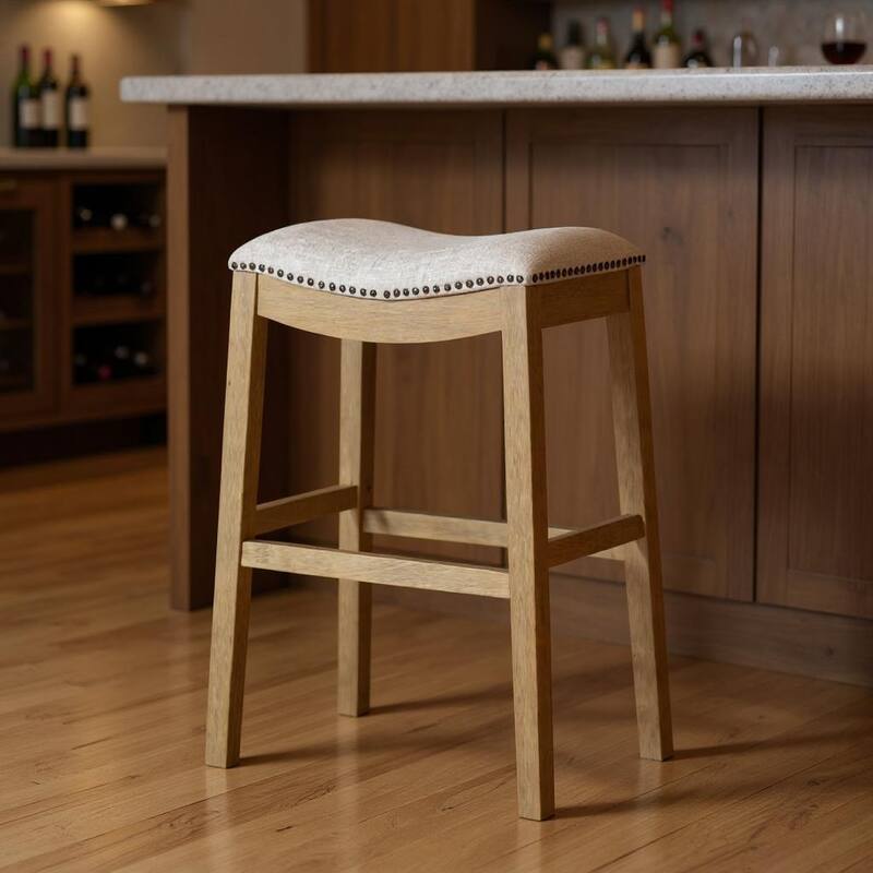 HomeRoots 31" Beige and Natural Fabric and Solid Wood Backless Bar Height Bar Chair - Bar Height - Beige - Single