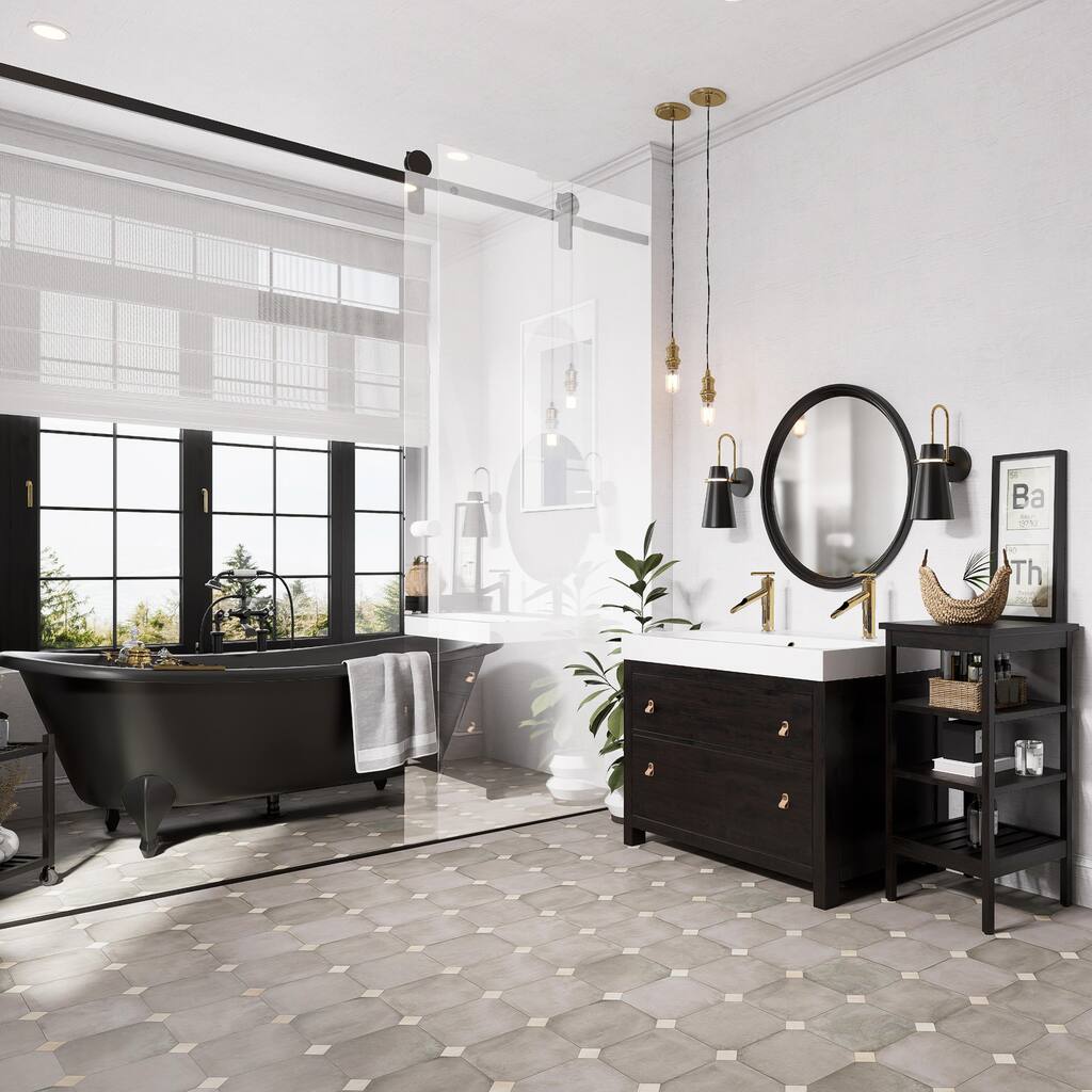 Merola Tile Laverton Octagon Grafito with Taco Arena 7-7/8" x 7-7/8" Porcelain Floor and Wall Tile