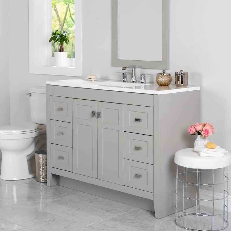 Spring Mill Cabinets Lonsdale 48.5" Bathroom Vanity With 6 Drawers and White Sink Top - Gray