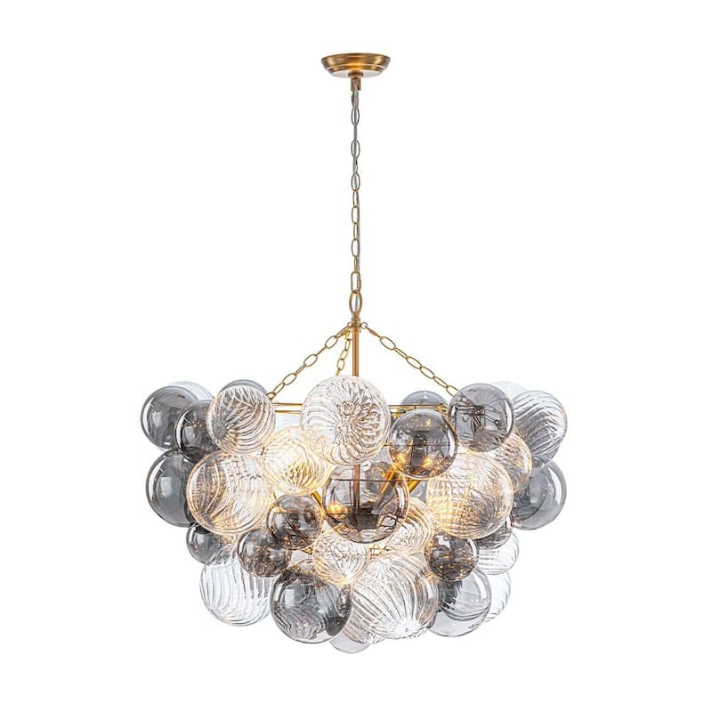 Statement 8-Light Swirled Smoked Glass Globe Round Bubble Chandelier - Brass Finish