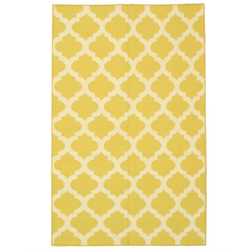 Yellow Wool Reversible Kilim Rug 5x8 - Bright Modern Geometric Design with Soft Flatweave Texture - N/A