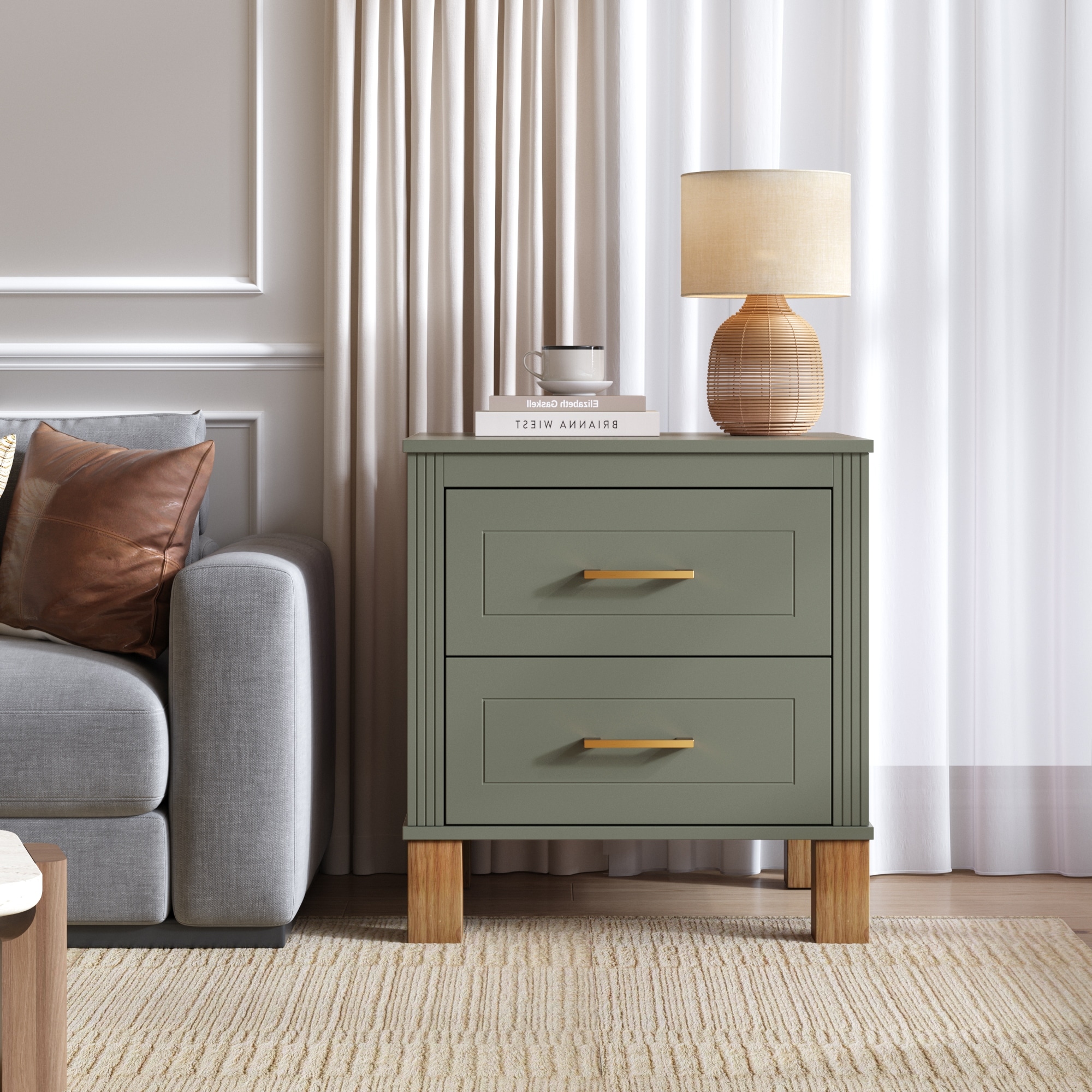 2 Drawer Nightstand,Solid Wood Legs Nightstand with Metal Handle