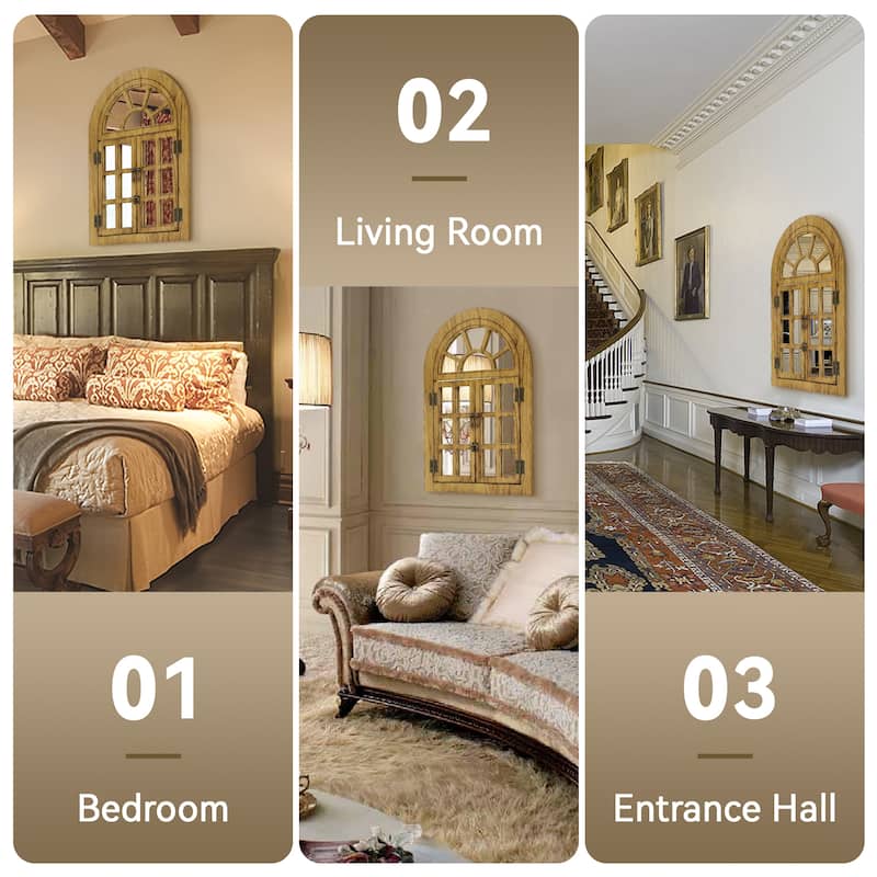 Arched Wood Framed Windowpane Accent Mirror Wall Mirror