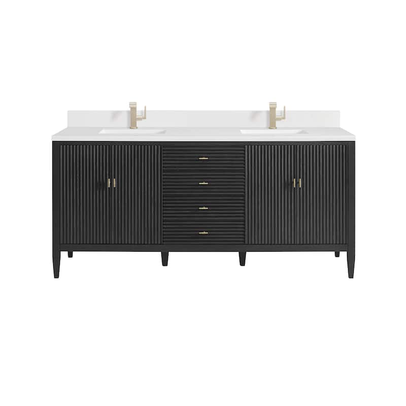 James Martin Vanities Myrrin 72" Vanity, Carbon Oak - White Zeus - Single Hole.