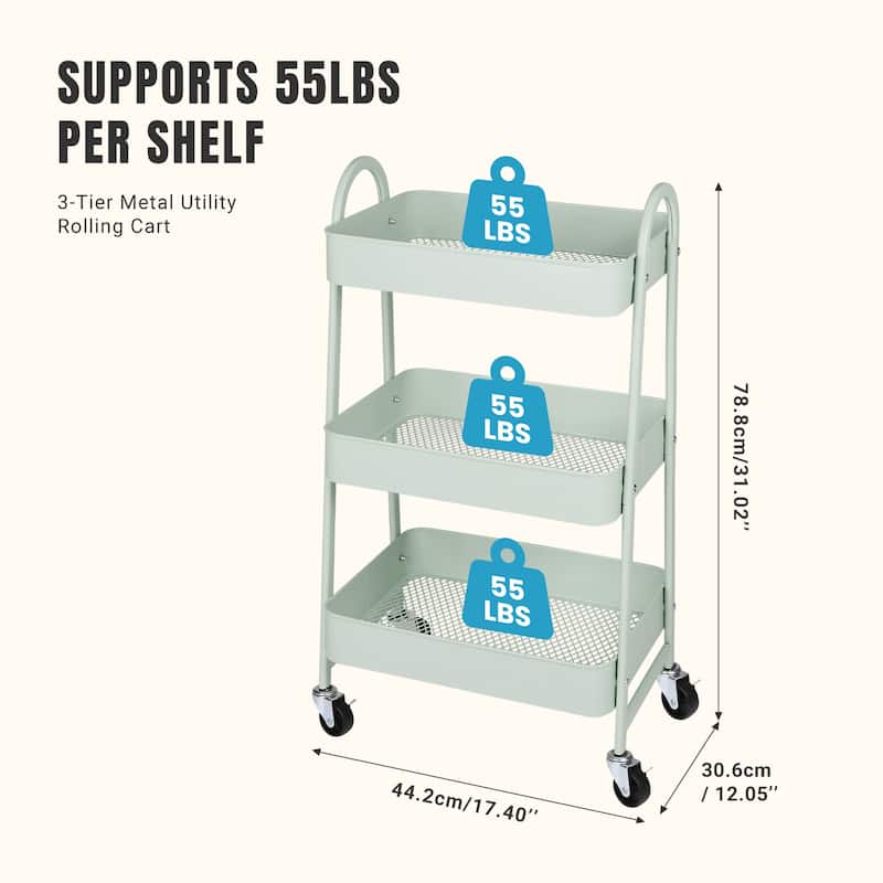 Versatile 3-Tier Rolling Storage Cart - Locking Wheels, Heavy Duty Metal Frame for Home & Office Organization