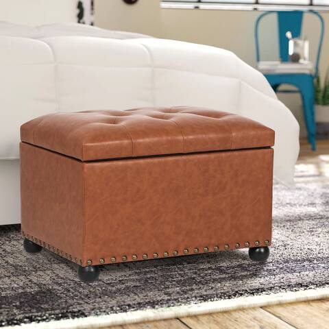 Adeco Tufted Bottom Bonded Leahter Brown Rectangle Storage Ottoman