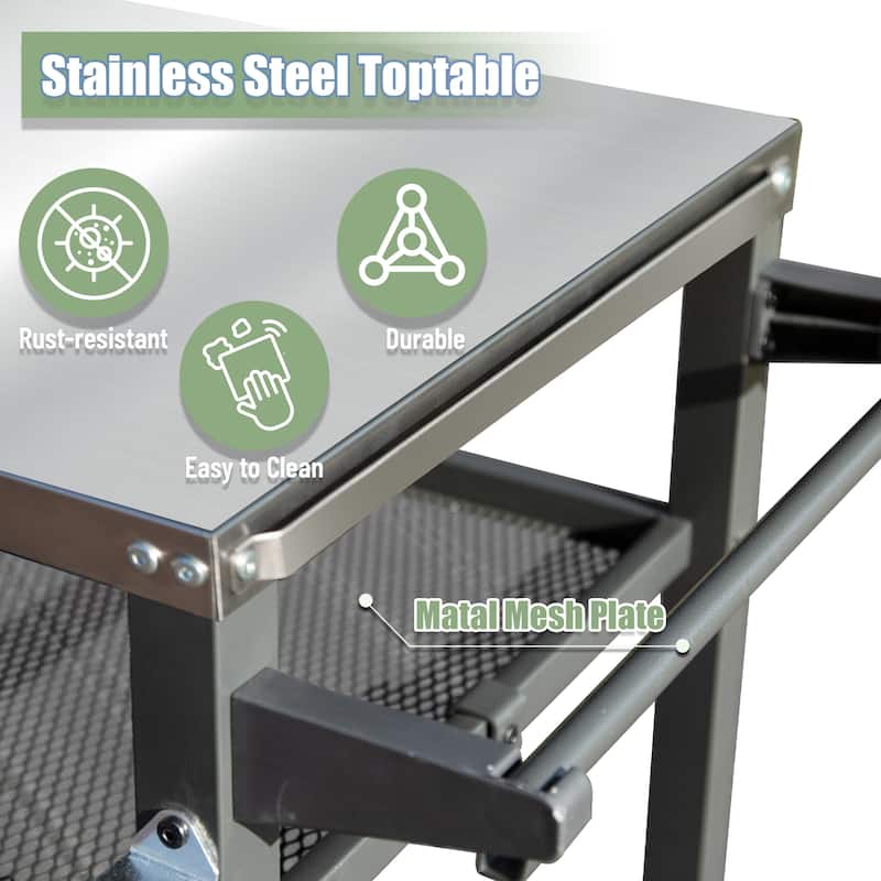GDFStudio - Kendrick 3-Tier Outdoor Grill Table with Rolling Wheels and Multifunctional Prep Surface