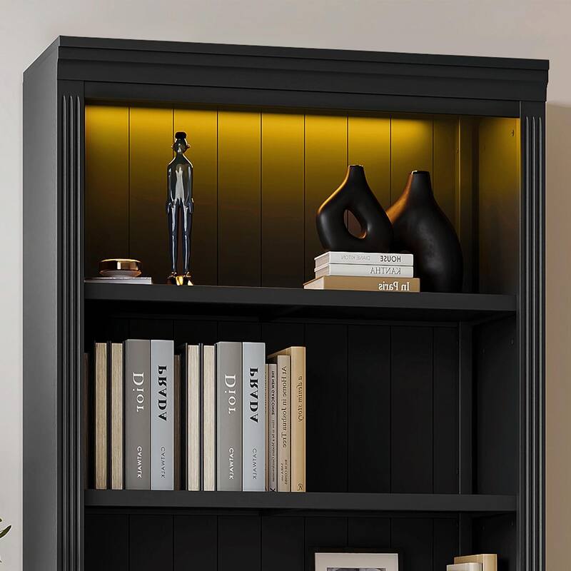 83" Tall Wood Bookcase Suite with Light Strip, 5-Tier Bookcase Suite with Adjustable Shelves