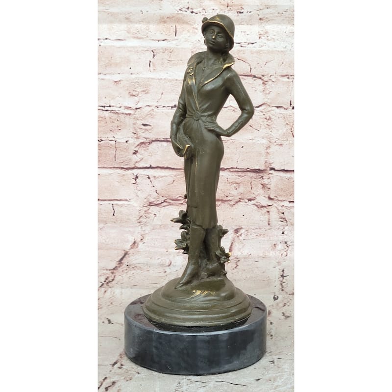Elegant Art Deco Lady With Hat Bronze Sculpture On Marble Base