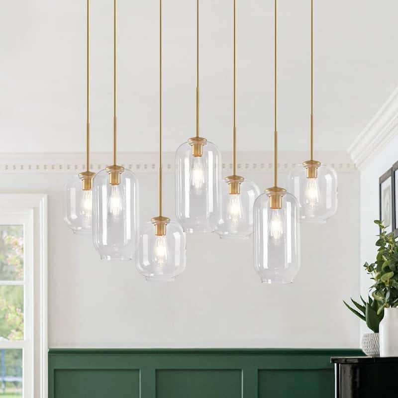 7-Light Cluster Glass Shade Linear Island Pendant - Mid-century Modern - Brass