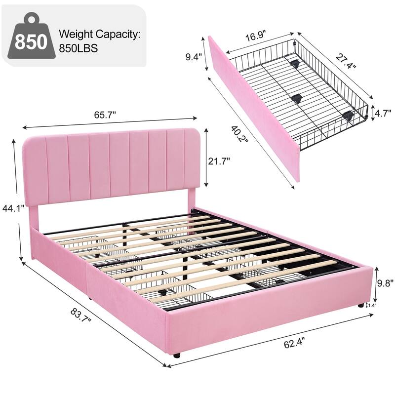 Pink Upholstered Platform Bed Frame with 4 Storage Drawers, Adjustable Velvet Rivets Headboard
