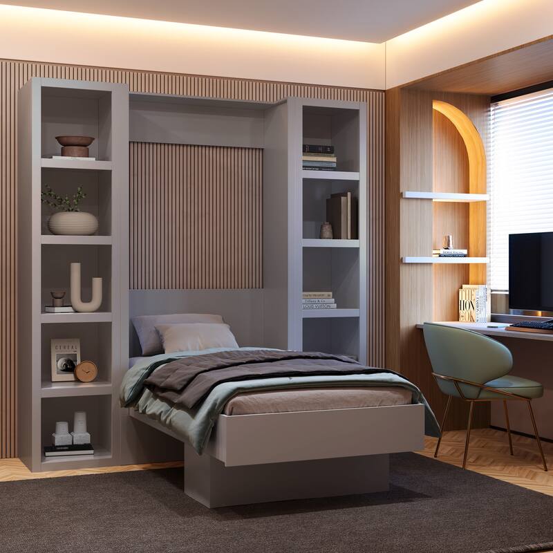 Easy-Lift Twin Murphy Wall Bed with Two Bookshelves