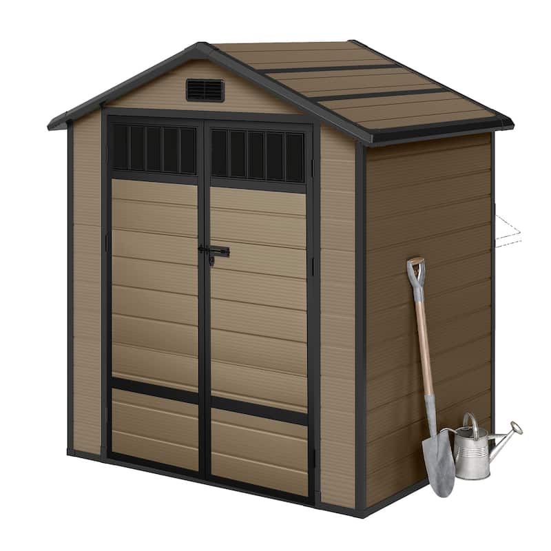 Moasis 6x4.4 FT Outdoor Storage Shed, All-Weather Resin Plastic Storage Shed with Windows, Slanted Roof, Raised Floor