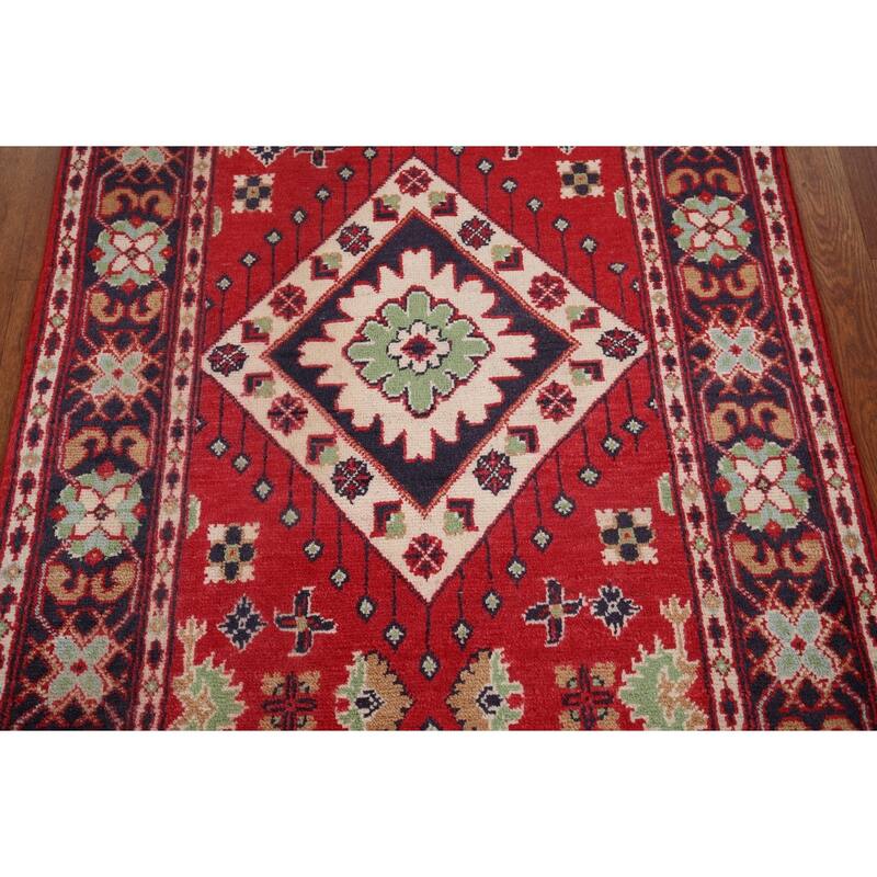 Geometric Red Kazak Oriental Foyer Rug Handmade Wool Carpet - 3'1" x 5'0"