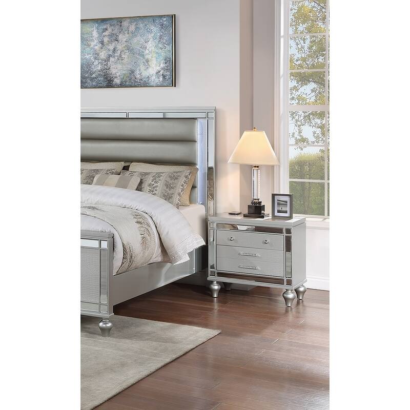 Classic Luxury Look Silver 1pc Nightstand Wooden Bedside Table Drawers w Mirror Glass Panel Bedroom Furniture