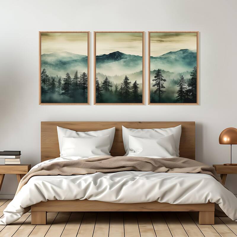 Green Foggy Forest Mountain Framed Canvas Wall Art Set