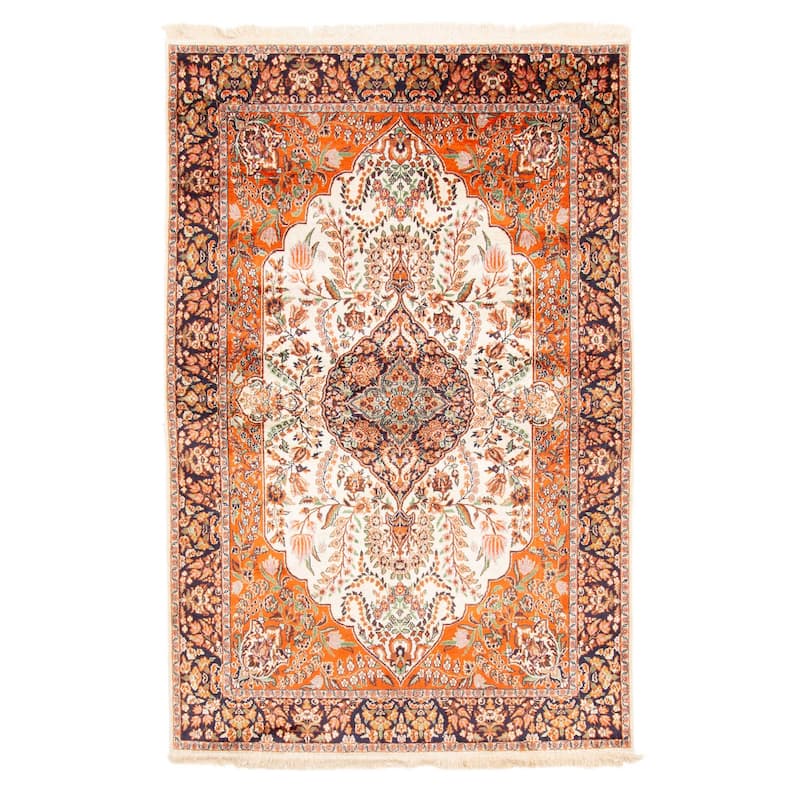 ECARPETGALLERY Hand-knotted Kashmir Cream, Dark Copper Viscose Rug - 4'0 x 6'1