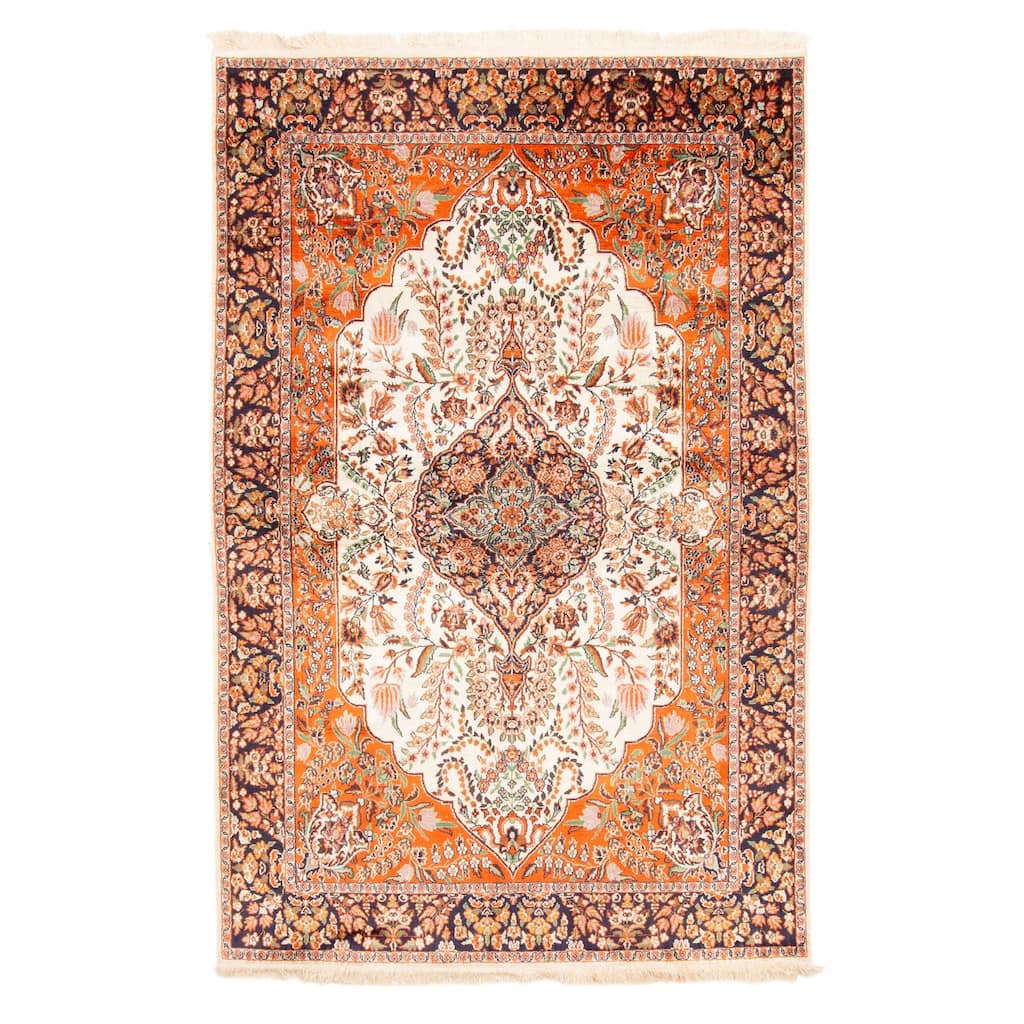 ECARPETGALLERY Hand-knotted Kashmir Cream, Dark Copper Viscose Rug - 4'0 x 6'1