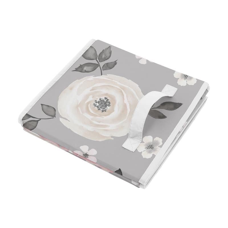 Grey Watercolor Floral Girl Kids Fabric Toy Bin Storage - Blush Pink Gray and White Shabby Chic Rose Flower Polka Dot Farmhouse