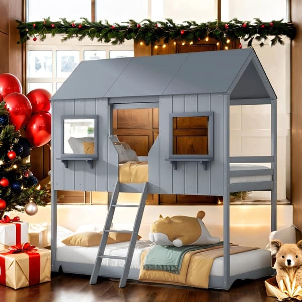 slide 2 of 11, House Shape Bunk Bed, Children'S Wood Bed, Easy Assemble Grey