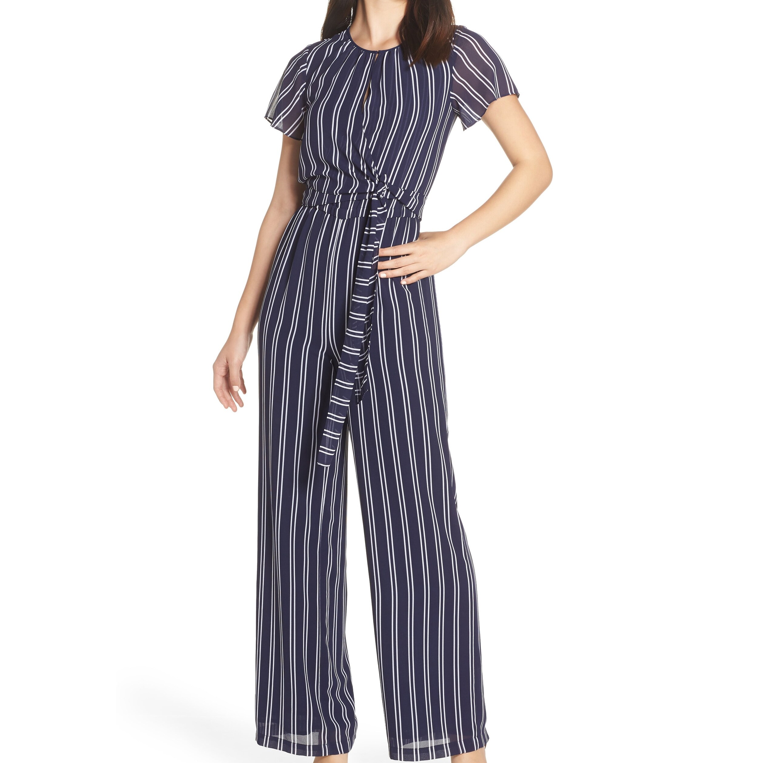 navy blue pinstripe jumpsuit
