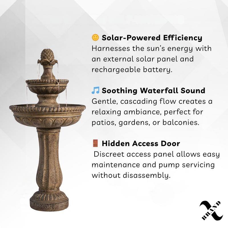 XBrand 39" 2-Tier Outdoor Freestanding Solar Water Fountain - Classic Sand Stone Resin Bird Bath with Pump - Solar Powered