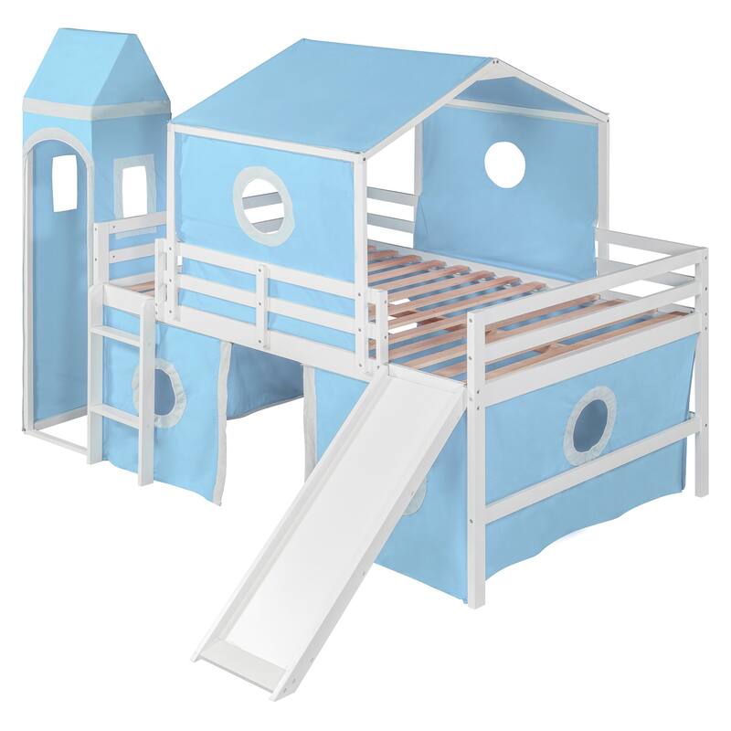 Full Size Loft Bed with Slide, Pink Tent, and Tower in Blue - Durable Pinewood Construction