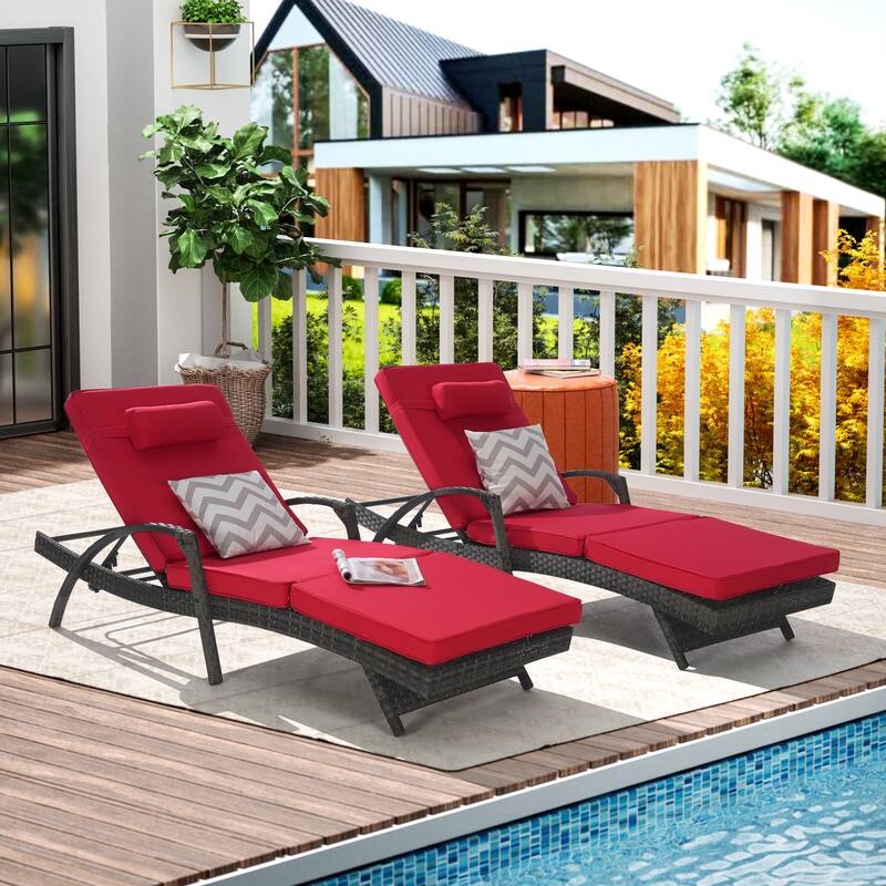 Outdoor Wicker Long Reclining Chair Set of 2, Wicker Reclining Lounge Chair Lawn Sunbathing Chairs for Beach Poolside Garden