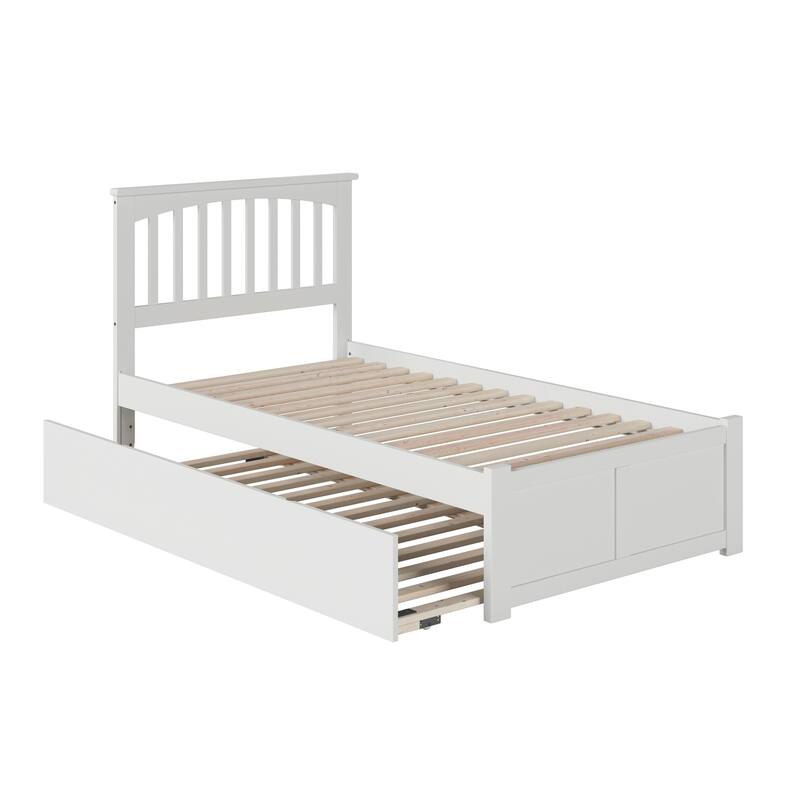 Twin Platform Bed with Trundle - Coastal Cottage Style, White Finish, Mission Design, Space Saving