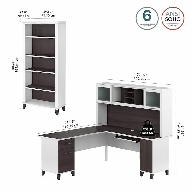 Somerset 72W L Shaped Desk with Hutch and 5 Shelf Bookcase