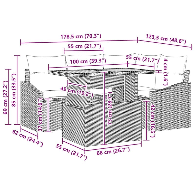 vidaXL 5 Garden Sofa Set with Cushions Black/Grey Poly Rattan - 70.3 x 48.6 x 27.2