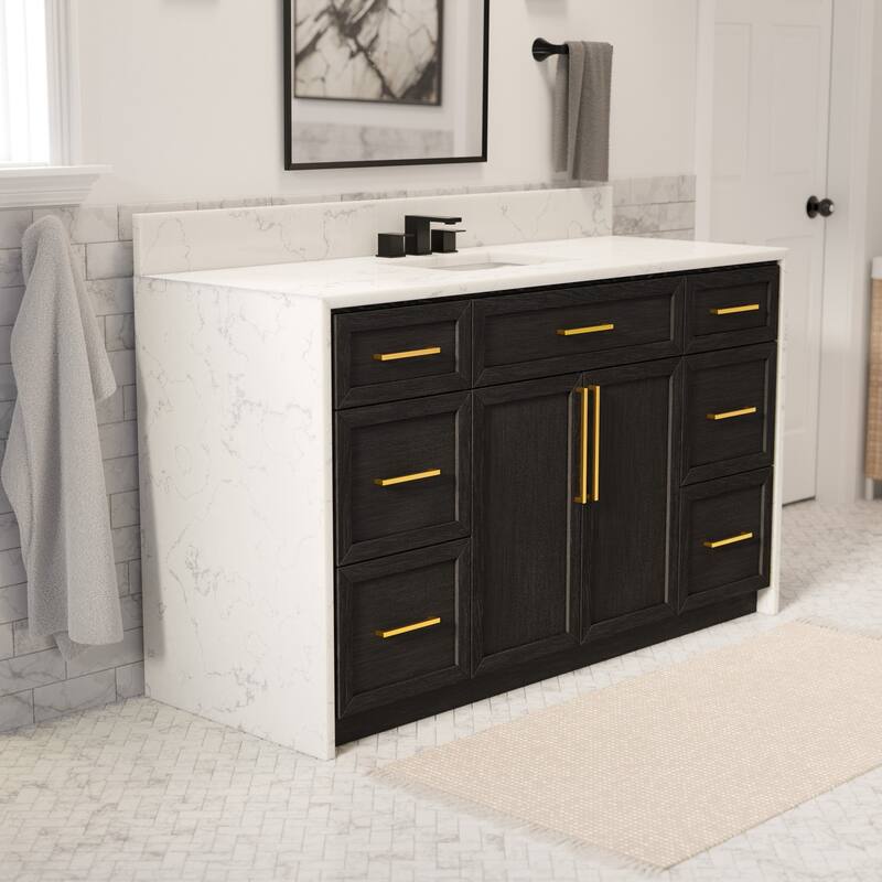 KitchenBathCollection Palisade 60" Single Waterfall Vanity with Engineered Marble Top - Dark Oak