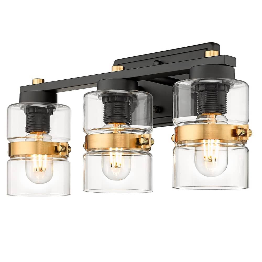 Modern Industrial 3-Light Bathroom Vanity Light with Clear Glass,White or Black and Gold Finish