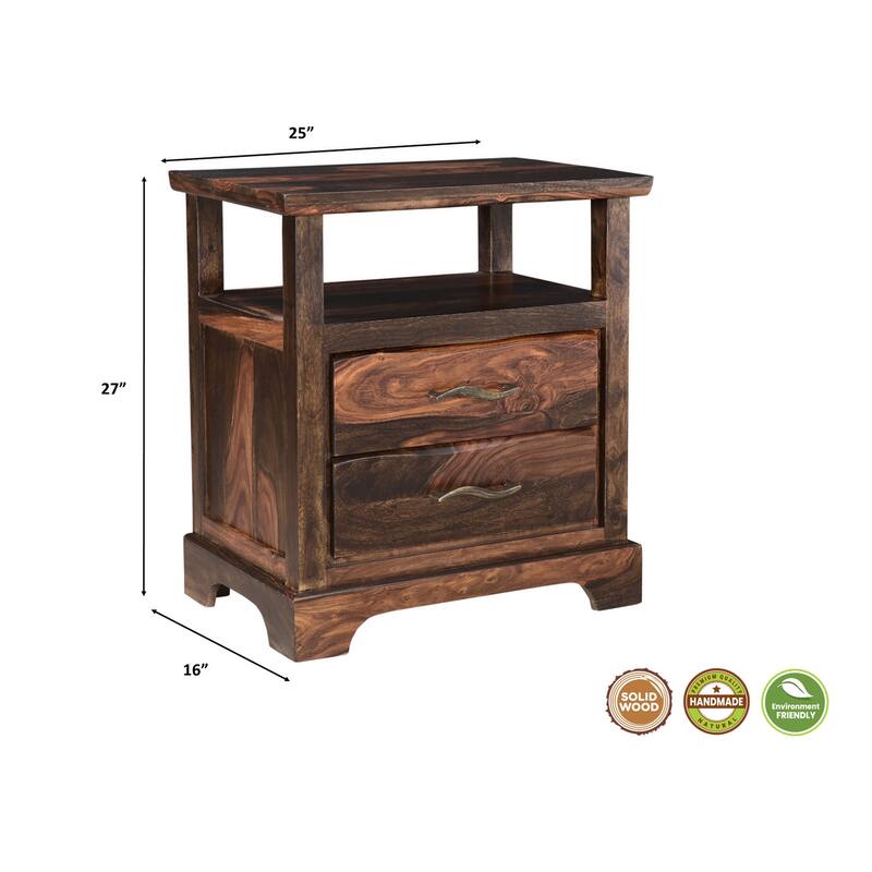 HomeRoots 27" Dark Brown Two Drawer Solid Wood Nightstand