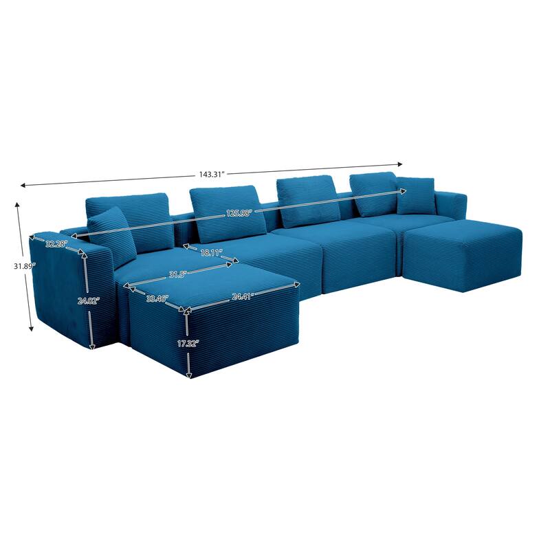 Corduroy Sectional Modular Sofa with Square Arms & Ottoman Extension for Flexible Arrangements