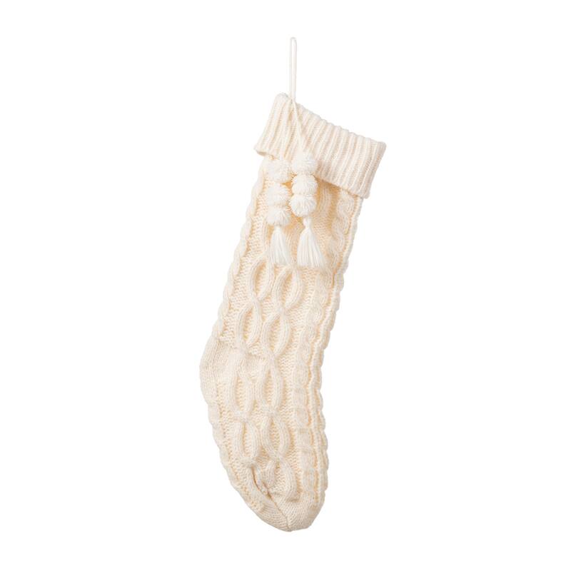 Glitzhome 22"L Knitted Christmas Stocking with Pompon Tassel or Gingerbread Man Ornament - White