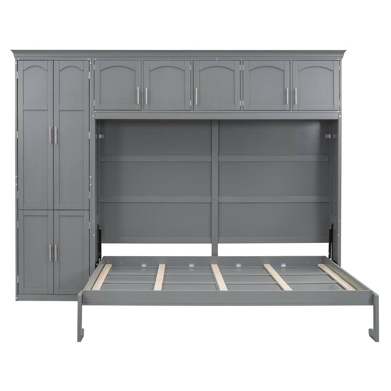 Queen Murphy Wall Bed with Integrated Storage Cabinets, Wardrobe and Drawers, Foldable Design