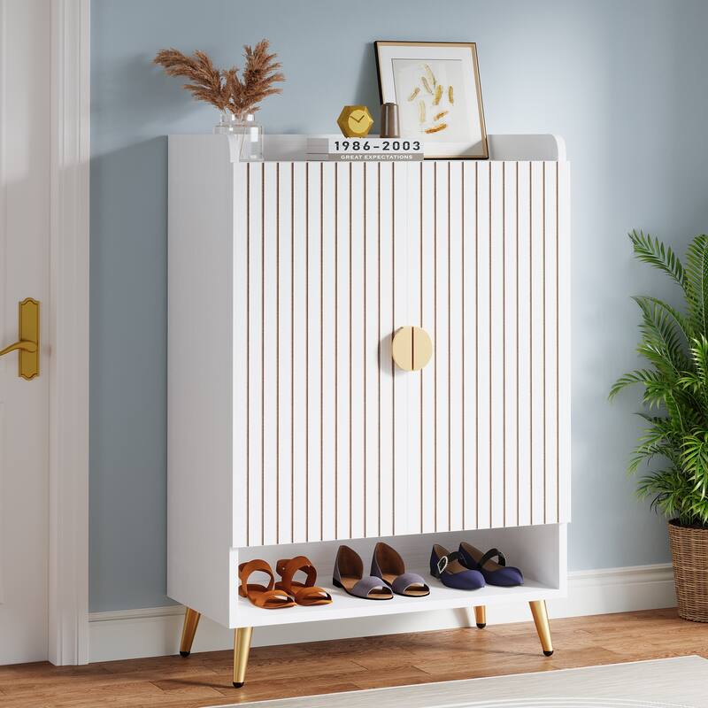 6-Tier Shoe Cabinet with Doors, Wooden Shoes Rack with Adjustable Shelves, Shoe Storage Organizer for Entryway - White&Gold