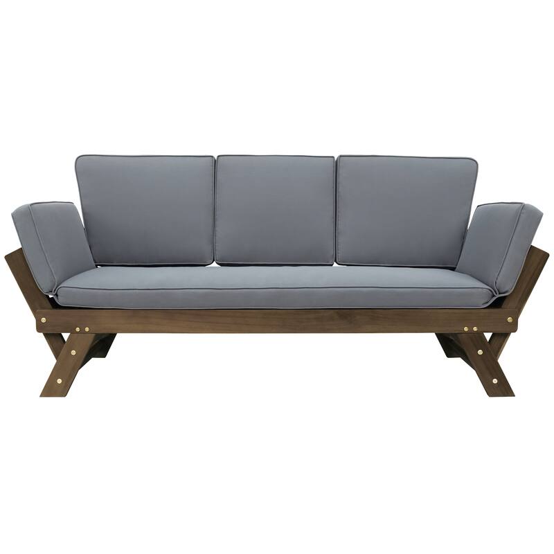 Outdoor Acacia Wood Adjustable Daybed Sofa with Cushions, Expandable Patio Chaise Lounge for Small Spaces, Deck or Balcony