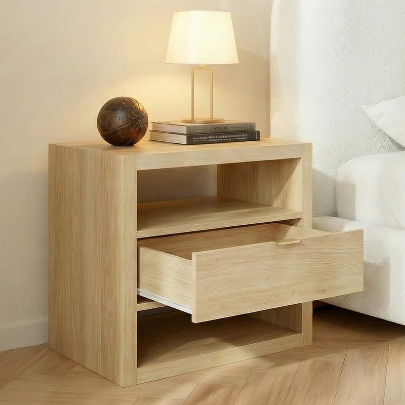Spruce & Spring Modern Nightstand with Drawer and Open Shelf