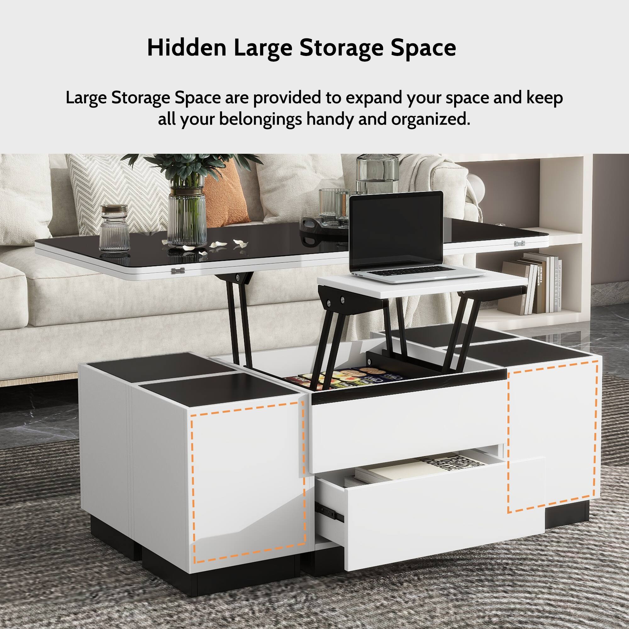 Modern White Lift Top Glass Coffee Table with Drawers & Storage