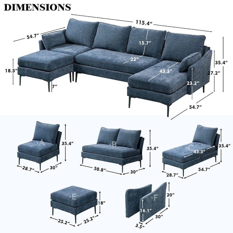 Modern Chenille Sectional Sofa with Reversible Chaise and Ottoman, Perfect for Living Rooms with Sleeper Function