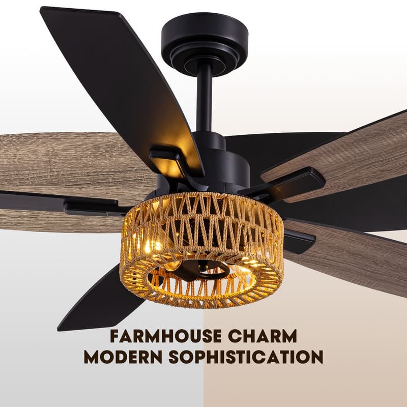 52 Inch Boho Black Rattan Ceiling Fans with Lights and Remote Control Farmhouse Caged Rattan Ceiling Fan for Dining Room Bedroom