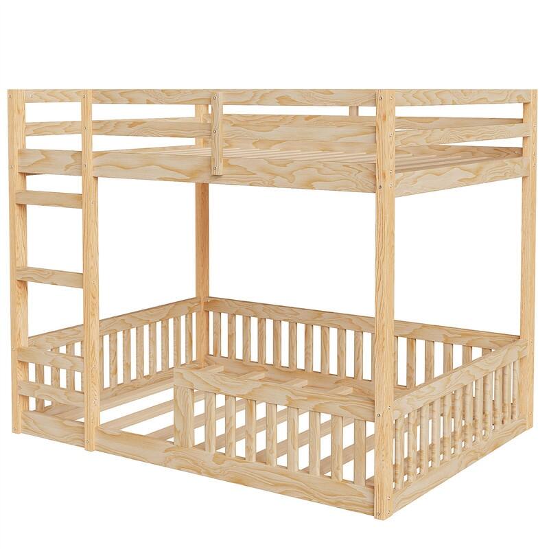 Full over Full Size Bunk Bed with Ladder and Guardrails, Wooden Floor Bunk Bedframe with Slats Support for Kids