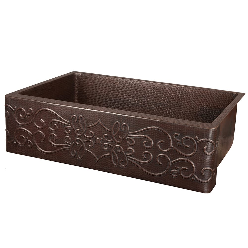 33-in Hammered Copper Apron Front Single Basin Kitchen Sink w/ Scroll Design (KASDB33229S)