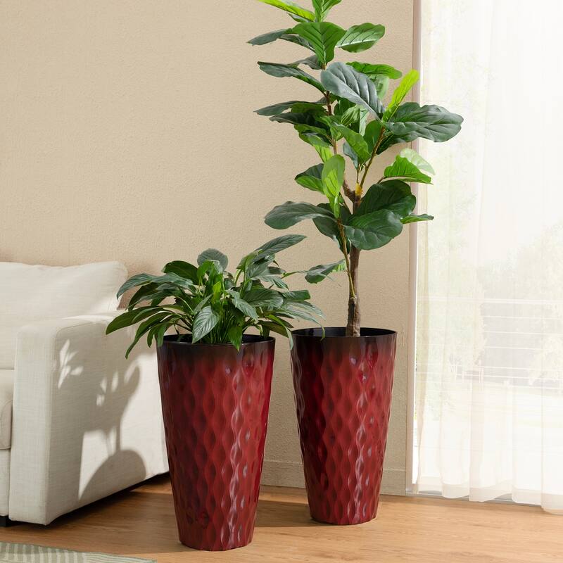 Glitzhome 23.75"H Set of 2 Oversized Wavy Texture Cobalt Blue/Turquoise/Red Tall Plastic Planter