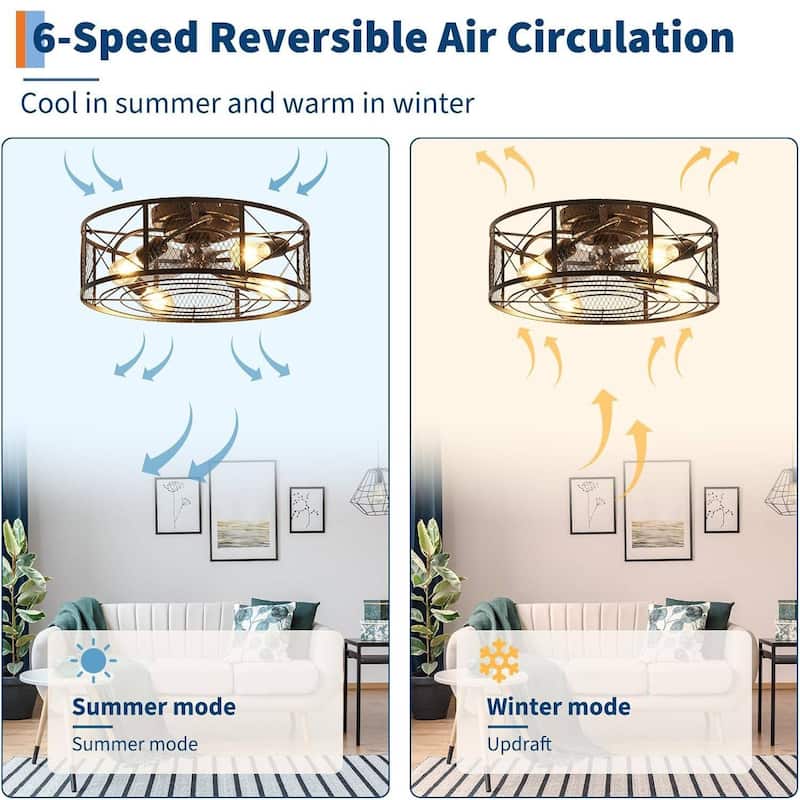 20″ 6-Speed Boho Fandelier Caged Ceiling Fan with Light, Bladeless Flush Mount Fan Lights for Bedroom