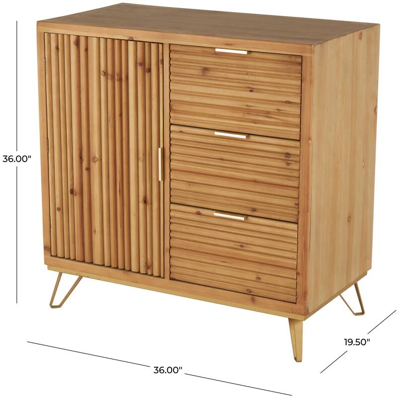 Wooden Ribbed 1 Door and 3 Drawer Cabinet with Gold Metal Handles - Brown - Roche River Decor - 20"W x 36"L x 36"H