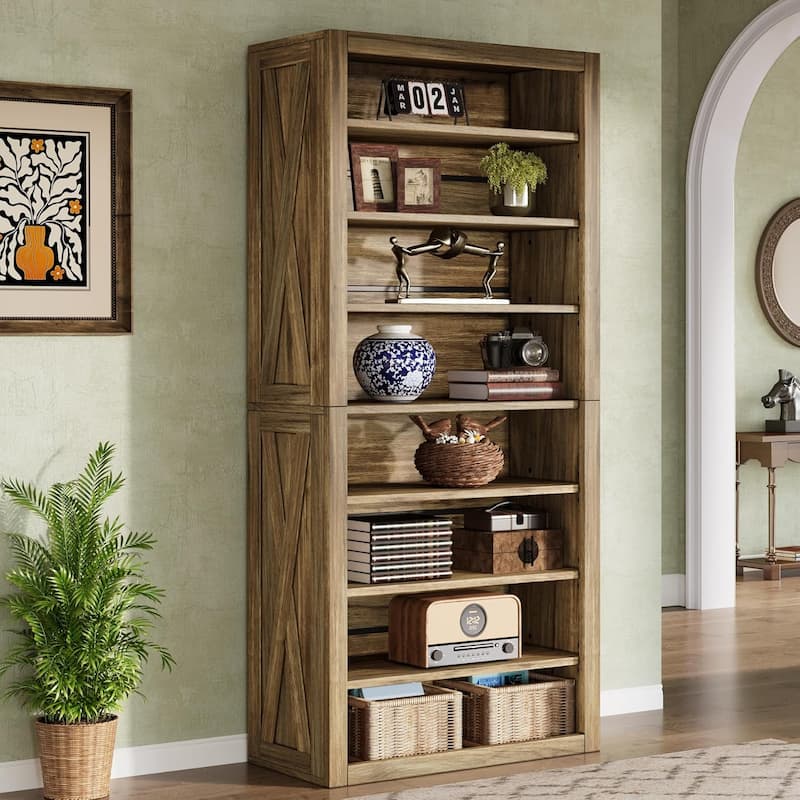 70.59 Inches Brown Wood Bookshelf with Adjustable Shelves, 8-Tier Large Bookcase for Living Room - 1 Pc - Brown